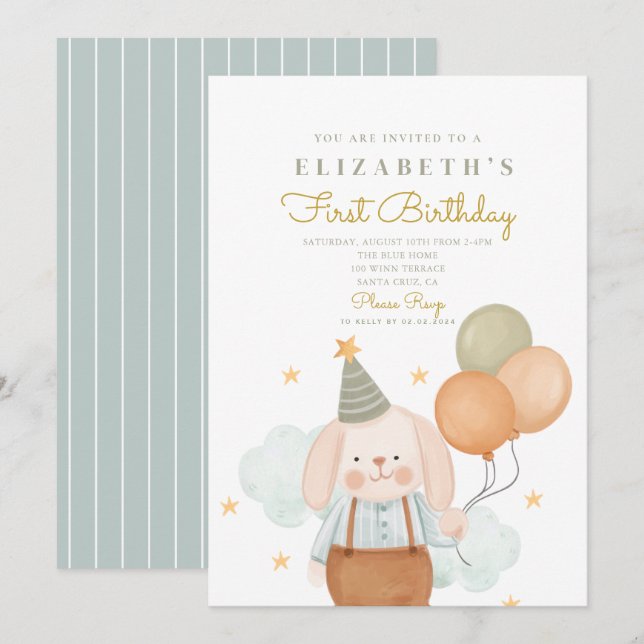 Cute Rabbit First Birthday 1st Birthday Invitation (Front/Back)