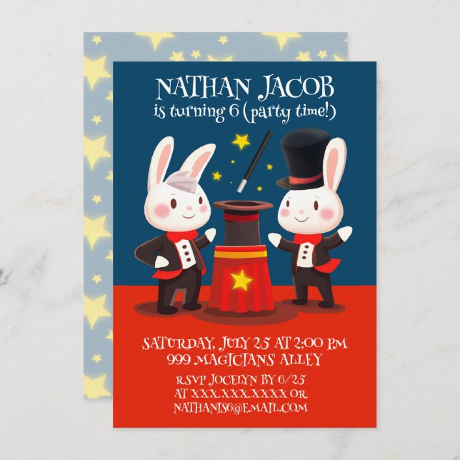 Cute Rabbit Magicians on Stage Magical Birthday Invitation (Front/Back)