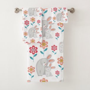 Cute rabbit mother and bunny, flowers pattern bath towel set