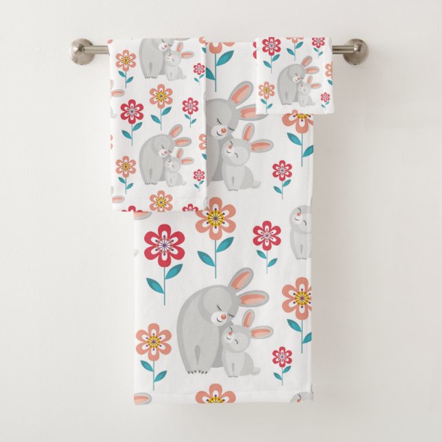 Cute rabbit mother and bunny, flowers pattern bath towel set (Insitu)