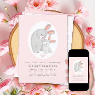 Cute rabbit mother and bunny pink baby girl shower invitation