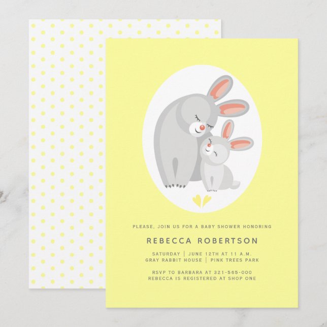 Cute rabbit mother, bunny pale yellow baby shower invitation (Front/Back)
