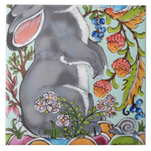 Cute Rabbit Mural Floral Aqua Bkgrd Bottom Half  Tile