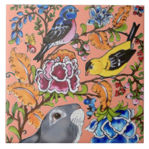 Cute Rabbit Mural Floral Coral Bkgrd Top Half Tile