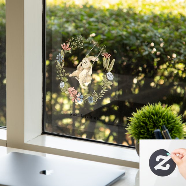 Cute Rabbit On A Swing Floral Wreath Name Sticker (Office)