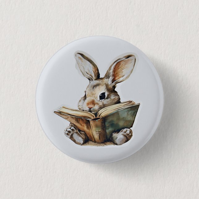 Cute rabbit reading book retro children 1 inch round button (Front)