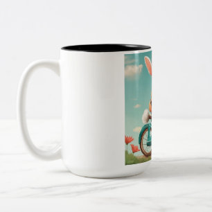 "Cute Rabbit Riding a Bike Mug" Two-Tone Coffee Mug