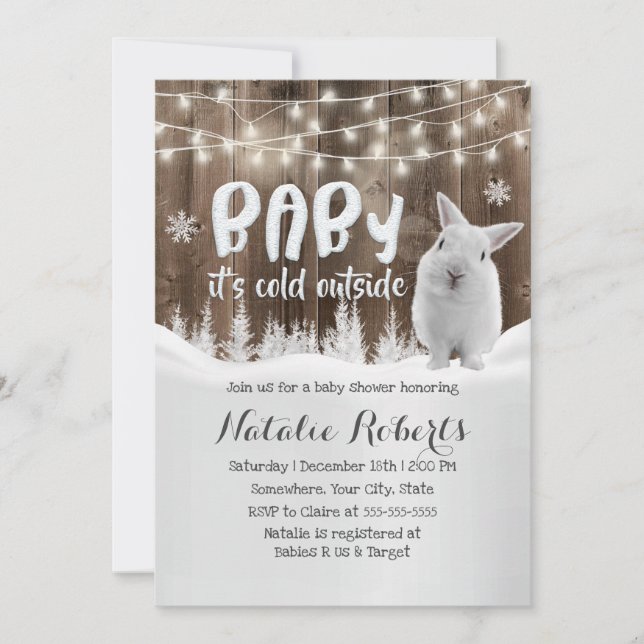 Cute Rabbit Rustic Winter Forest Baby Shower Invitation (Front)