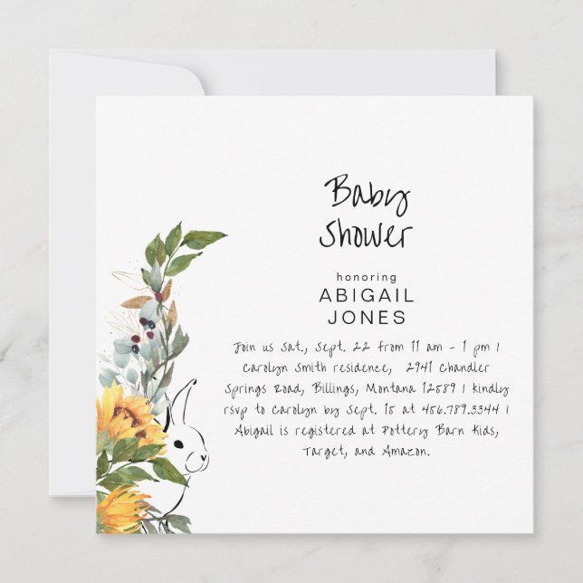 Cute Rabbit Sunflower Baby Shower  Invitation (Front)
