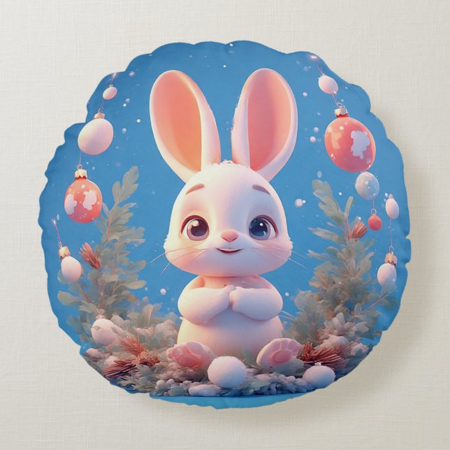 Cute Rabbit Surrounded by Decorations Round Pillow (Front)