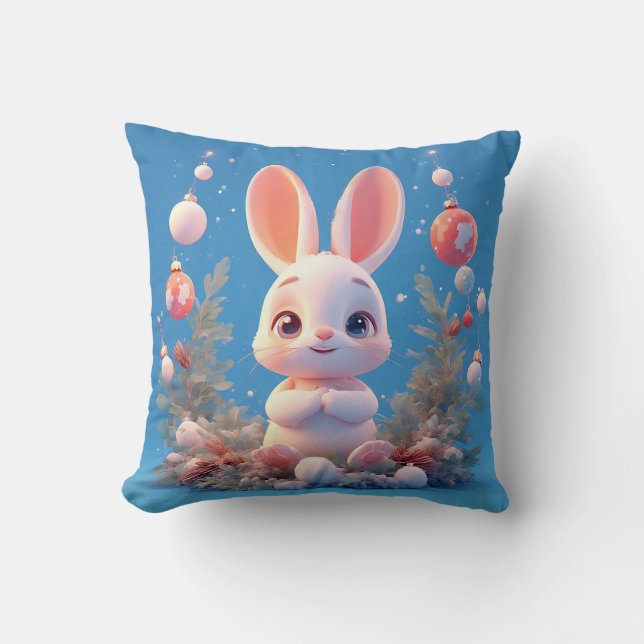 Cute Rabbit Surrounded by Decorations Throw Pillow (Front)