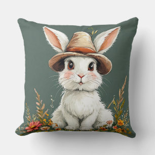Cute Rabbit Wearing a Hat Throw Pillow