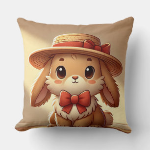 Cute Rabbit Wearing Straw Hat Throw Pillow