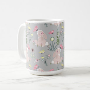 cute rabbit with flowers and butterflies coffee mug