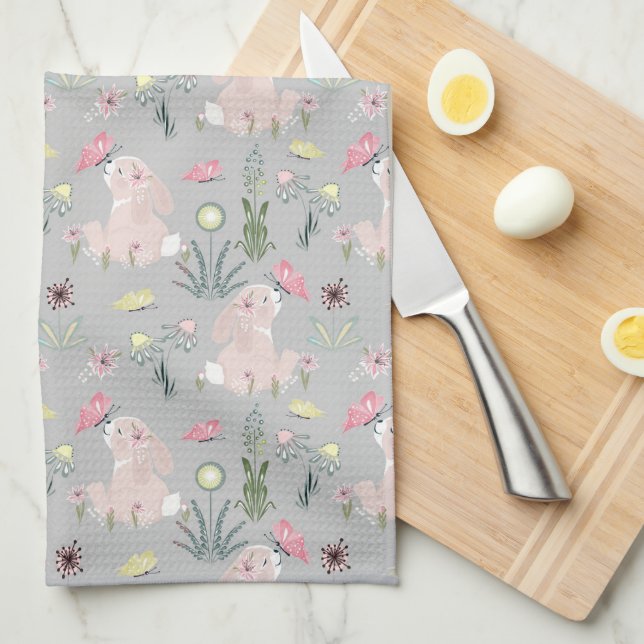 cute rabbit with flowers and butterflies kitchen towel (Quarter Fold)