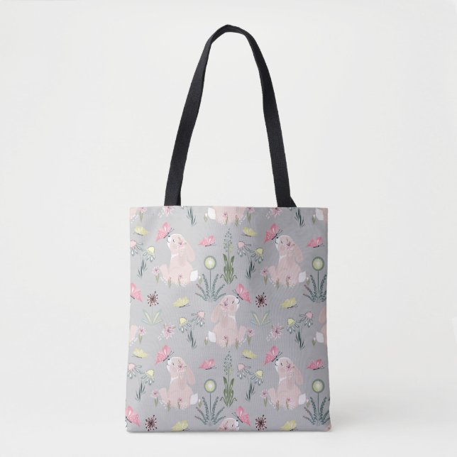 cute rabbit with flowers and butterflies tote bag (Front)