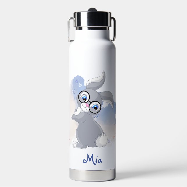 Cute Rabbit with Glasses Personalized Water Bottle (Front)