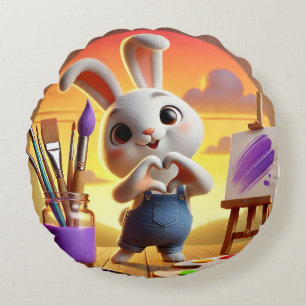 Cute Rabbit with Painting Supplies at Sunset Round Pillow