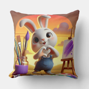 Cute Rabbit with Painting Supplies at Sunset Throw Pillow