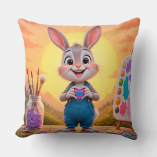 Cute Rabbit with Painting Supplies at Sunset Throw Pillow