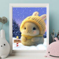 Cute Rabbit with yellow knit hat and scarf in snow