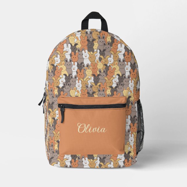 Cute Rabbits Custom Name Printed Backpack (Front)