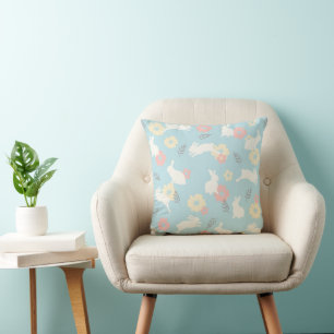 Cute Rabbits Flowers Pattern Throw Pillow