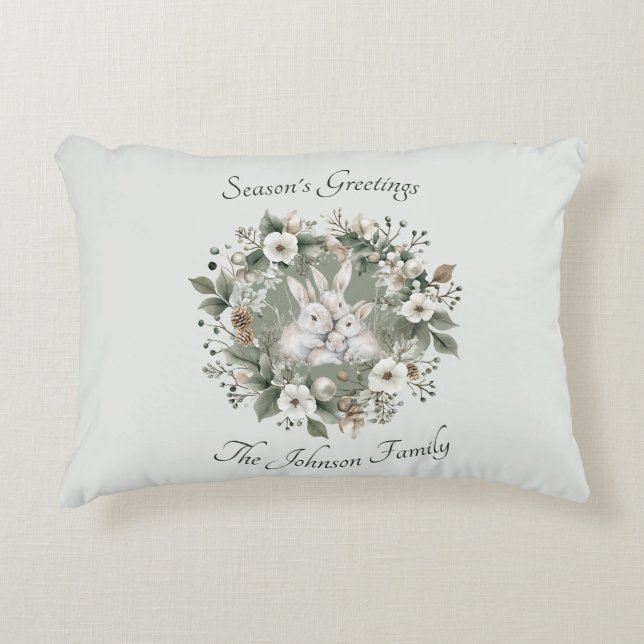 Cute Rabbits in a Floral Winter Wreath Accent Pillow (Front)