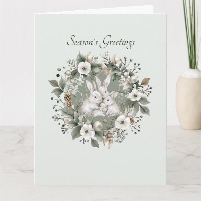 Cute Rabbits in a Floral Winter Wreath Card (Front)