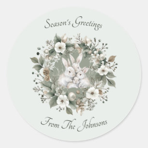 Cute Rabbits in a Floral Winter Wreath Classic Round Sticker