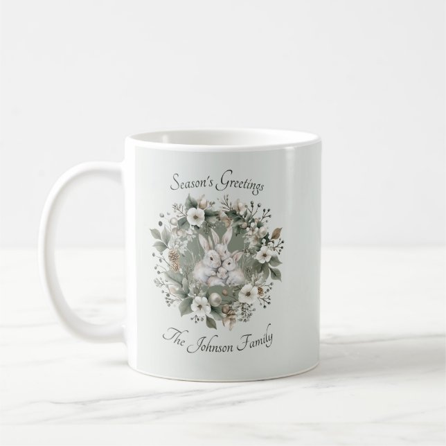 Cute Rabbits in a Floral Winter Wreath Coffee Mug (Left)