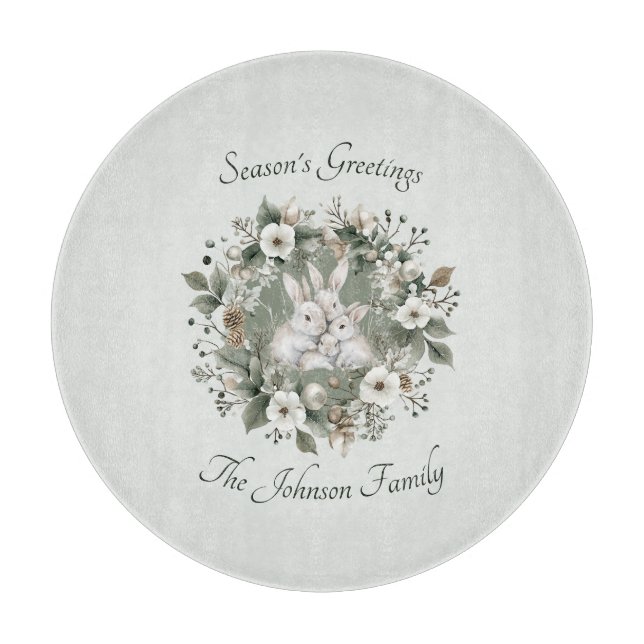 Cute Rabbits in a Floral Winter Wreath Cutting Board (Front)