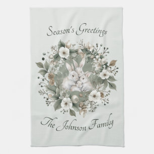Cute Rabbits in a Floral Winter Wreath Kitchen Towel