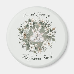 Cute Rabbits in a Floral Winter Wreath Magnet