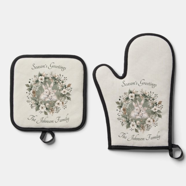 Cute Rabbits in a Floral Winter Wreath Oven Mitt & Pot Holder Set (Front)