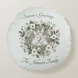 Cute Rabbits in a Floral Winter Wreath Round Pillow