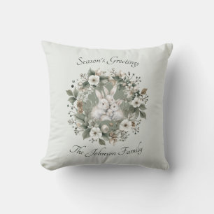 Cute Rabbits in a Floral Winter Wreath Throw Pillow