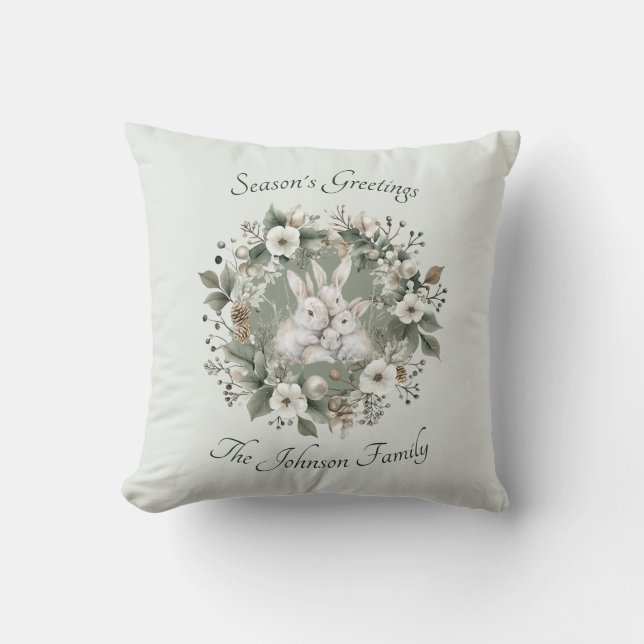 Cute Rabbits in a Floral Winter Wreath Throw Pillow (Front)