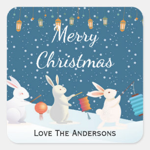 Cute Rabbits Lantern Parade Snow Christmas Custom Square Sticker