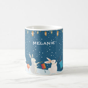 Cute Rabbits Lantern Parade Snow Personalised Coffee Mug