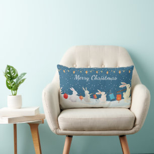 Cute Rabbits Lantern Parade Through Snow Christmas Lumbar Pillow