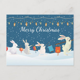 Cute Rabbits Lantern Parade Through Snow Christmas Postcard