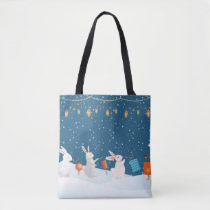 Cute Rabbits Lantern Parade Through Snow Christmas Tote Bag