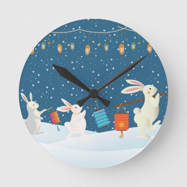 Cute Rabbits Lantern Parade Through Snow Round Clock (Front)