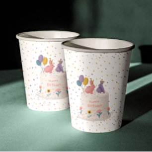 Cute Rabbits on Cake Joint Birthday Sister Brother Paper Cups
