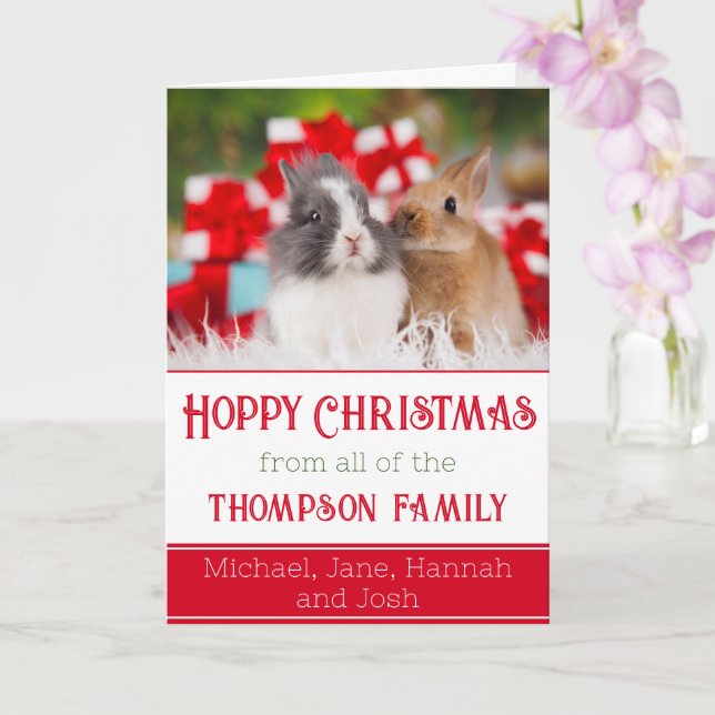 Cute Rabbits Photo Hoppy Christmas Folded Card (Orchid)