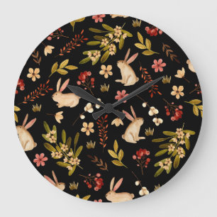 Cute Rabbits: Watercolor Hand-Drawn Pattern Large Clock