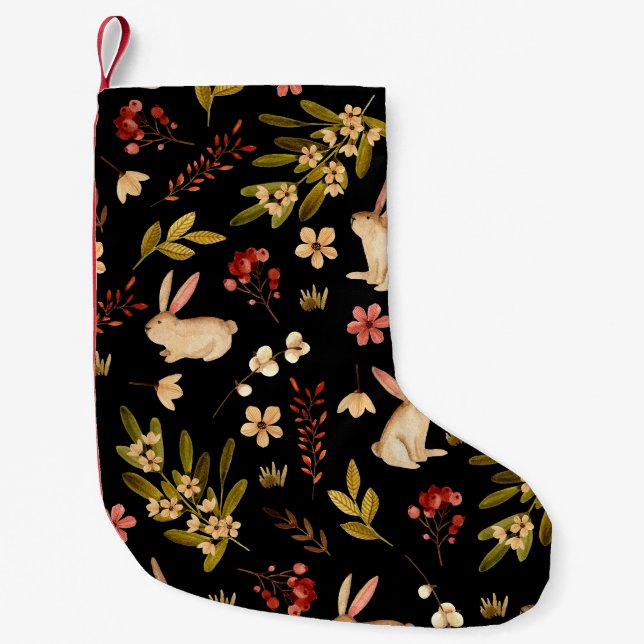 Cute Rabbits: Watercolor Hand-Drawn Pattern Small Christmas Stocking (Front)