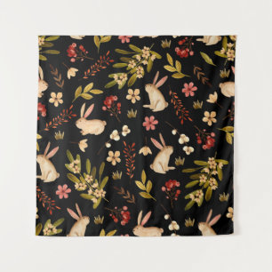 Cute Rabbits: Watercolor Hand-Drawn Pattern Tapestry