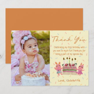 Cute Rabbits with Cake Yellow Kids Birthday Photo Thank You Card